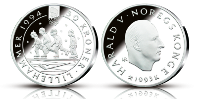 OL-sølvmynt nr. 5 Barn på skøyter - 50 kroner sølv - utgitt 1993 